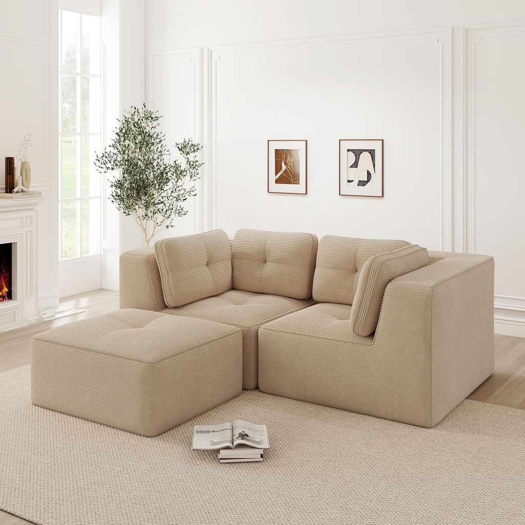 Modulares und konfigurierbares Ecksofa, zweisitziges, rahmenloses L-förmiges Sofa mit beweglicher Fußstütze, bequemer Cordstoff, geeignet für W...