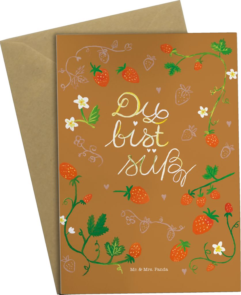 Mr. & Mrs. Panda Grußkarte Erdbeeren Süß - Geschenk, Freundin, weihnachtskarten, einladungskarten, Liebe Zitat, Dekoration, Erdbeere, genesungsk...