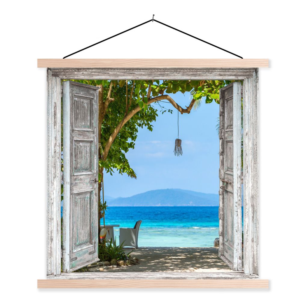 MuchoWow Textilposter Strand - Tropen - Meer - Blick 60x60 cm mit holzfarbenen Rahmen - Wanddekoration