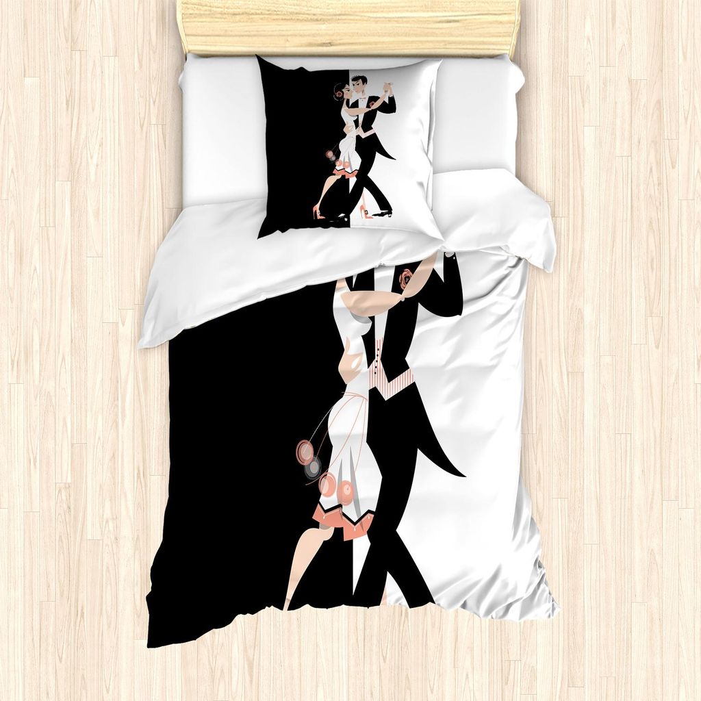 ABAKUHAUS Old Hollywood Bettbezug Set, Modernes Tanzen-Paar, das kein vereinfachendes Design zwei durchführt, 135 x 200 cm + 80 x 80 cm, Schwarz W...