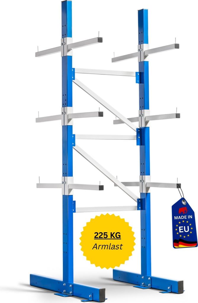 Doppelseitiges Kragarmregal MAXIMUS ULTRA mit 225kg Armlast | HxBxT 240x100x100cm | 4 Ebenen inkl. Fußebene | 50cm Armtiefe | Signalblau/Lichtgrau