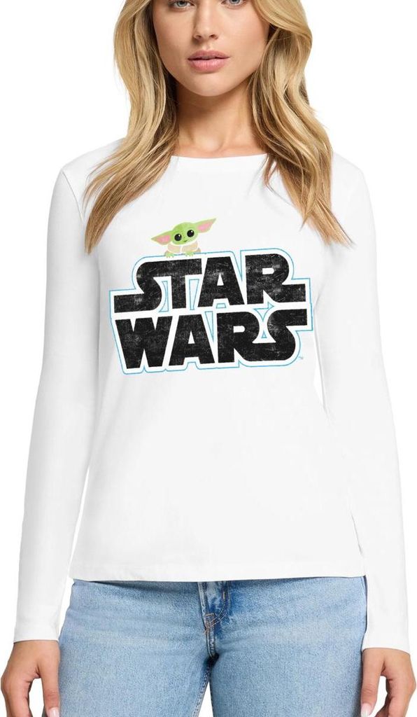 Star Wars: Mandalorian Schriftzug Mit Grogu Premium Langarmshirt Damen, M, Weiß