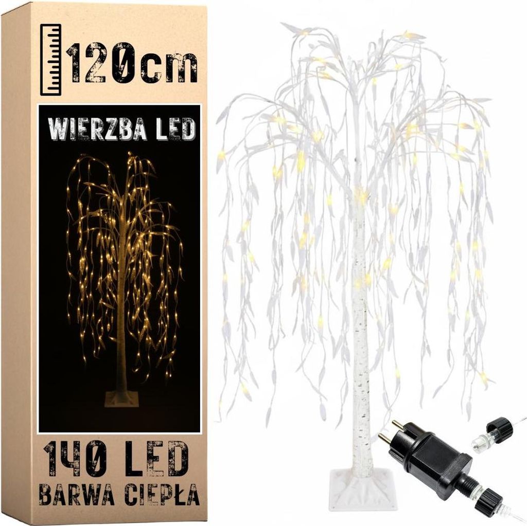 A product shot of a decorative LED willow tree with its packaging.
