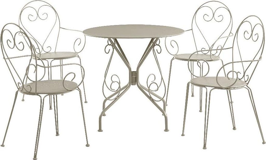 Garten-Esszimmer aus Metall im Schmiedeeisenstil: Tisch und 4 stapelbare Stühle – Beige – GUERMANTES