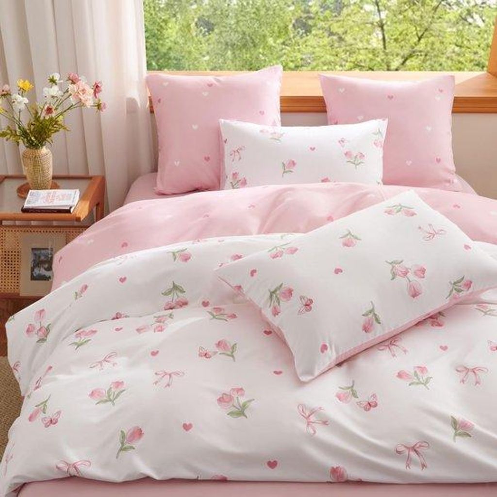 Unyqoos Reversible Blumenbeetung mit Tulpenmuster für Mädchenzimmer 135x200 cm