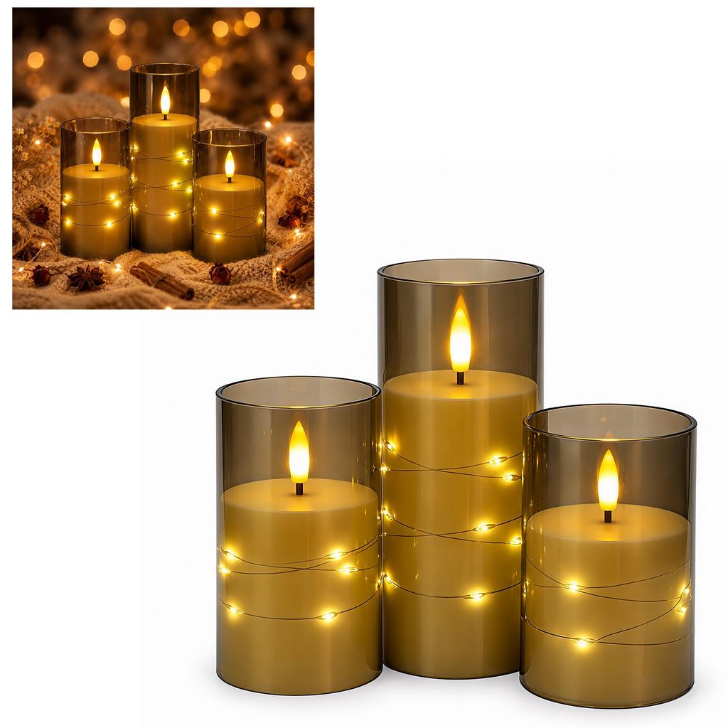 Ikodm 3er-Set LED Kerzen mit Lichterkette und Produktbild 