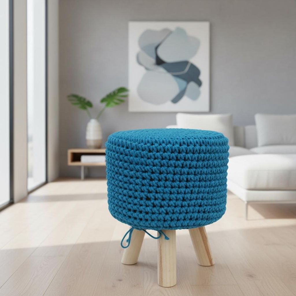 Melko Sitzhocker Hellblau Holz Pouf Strickpolster Stoff Retro Fußbank Rund