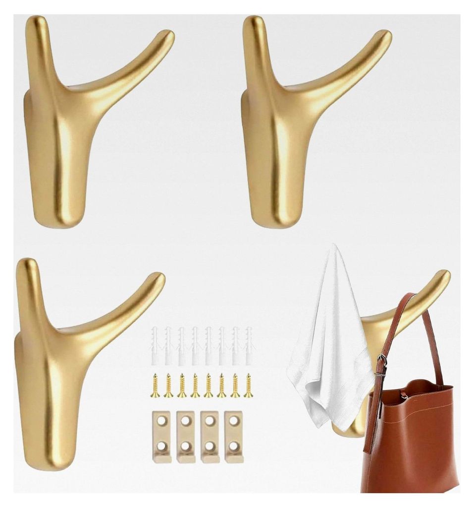 Garderobenhaken in Gold, 4 Stück Doppelte Wandhaken mit 8 Schrauben und 8 Expansionsrohren, 4 Feste Schnallen, Kleiderhaken für Schlafzimmer, Kü...