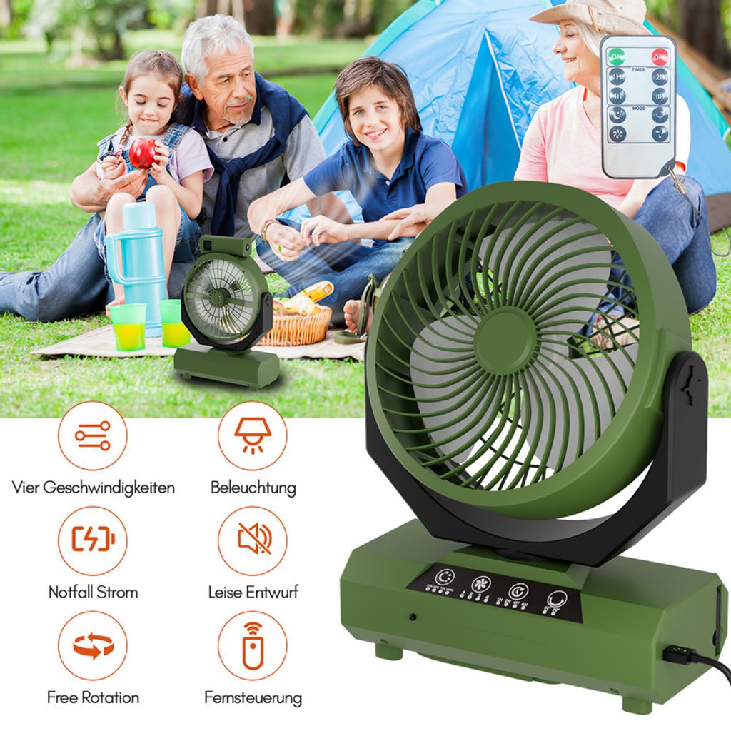Clanmacy Camping Ventilator Multifunktionales 2in1 Camping-Lüfterlicht, Tragbarer USB-Campingventilator für Zelt mit LED-Lampe Laterne Fernbedien...