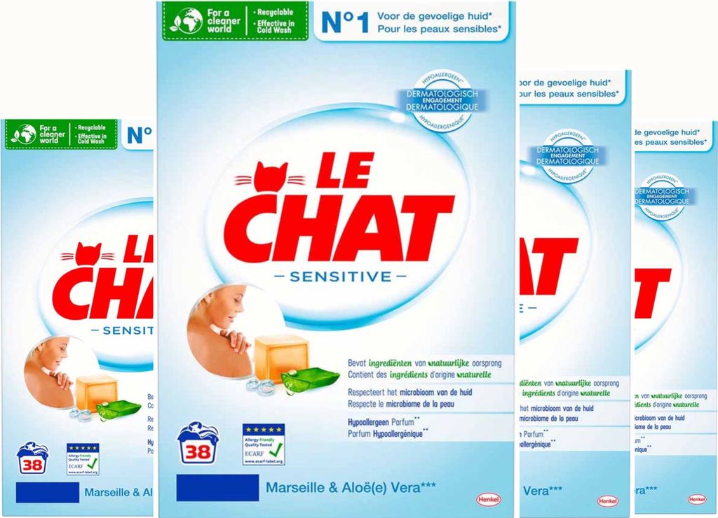 Le Chat Sensitive Waschpulver – Marseille & Aloe Vera – Vorteilspack 4x38 Waschgänge