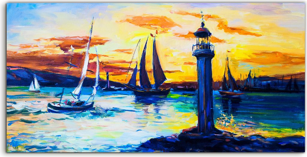 Coloray Acrylbild 120x60 Wandbild Acrylbilder Wasser segel Boote bunte Leuchtturm