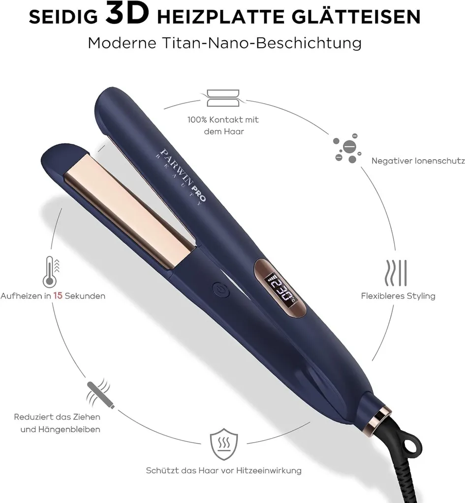 Piastra per capelli Arricciamento e raddrizzamento PARWIN PRO BEAUTY Piastra per capelli, rivestimento in nano titanio Piastra per capelli Ampia piastra riscaldante setosa, 2 in 1 Piastra per capelli Arricciamenti - 8