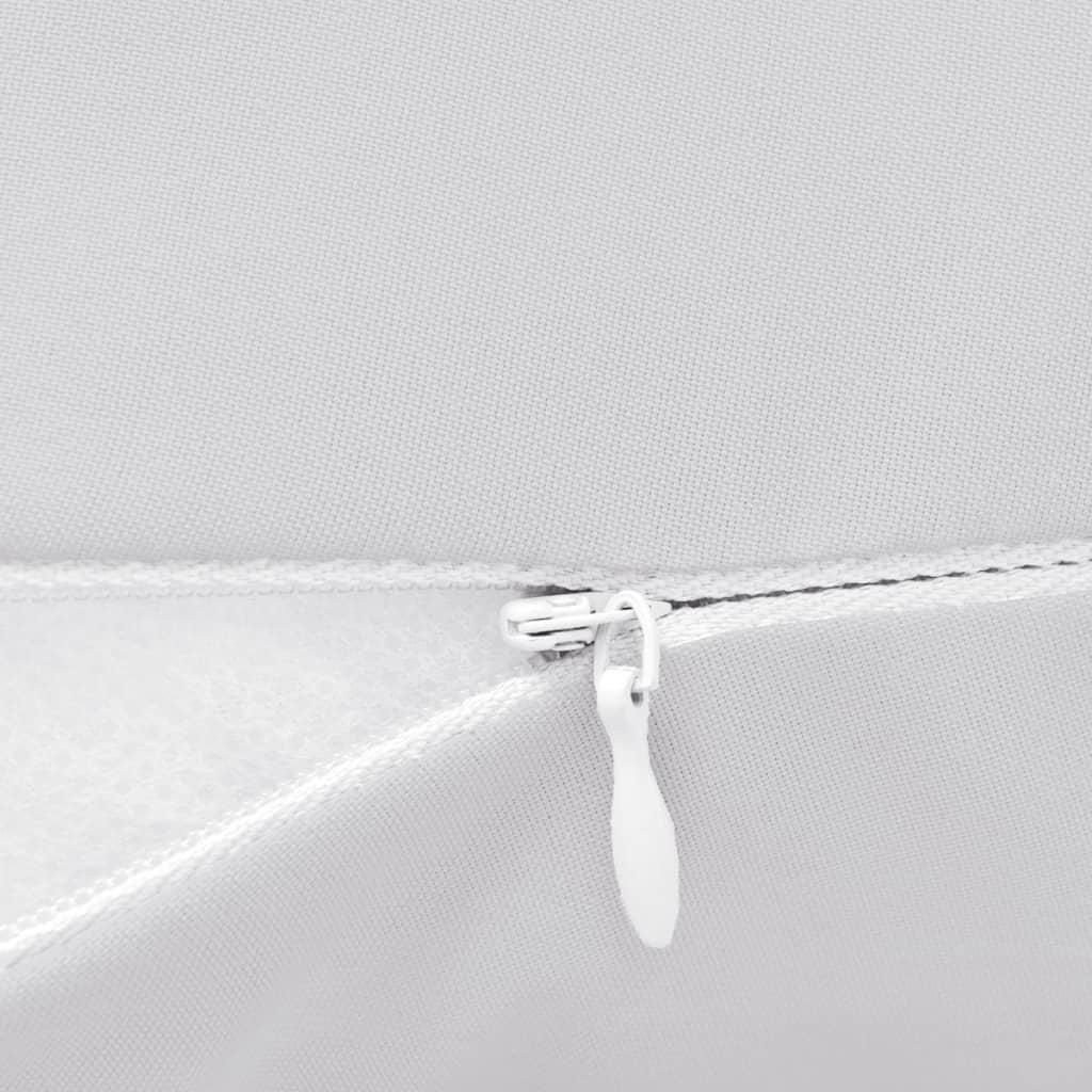 A close-up view of a zipper on a gray fabric product.