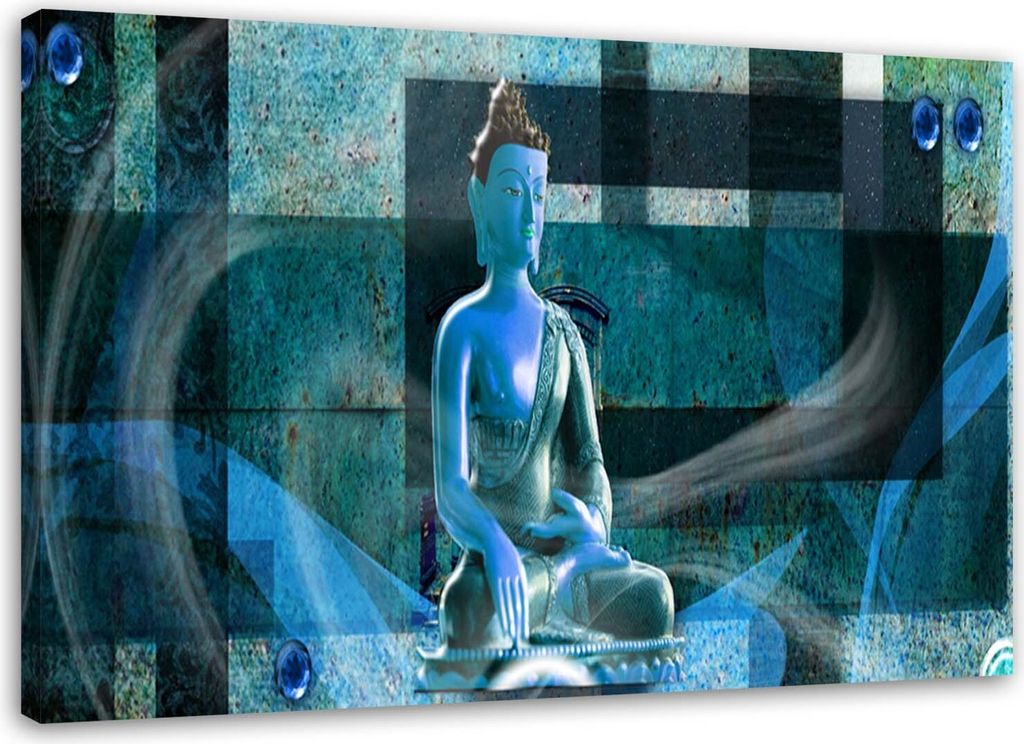 Leinwandbild buddha auf geometrischem hintergrund - blau 90x60 cm Feeby blau wandbild bereit zum aufhängen