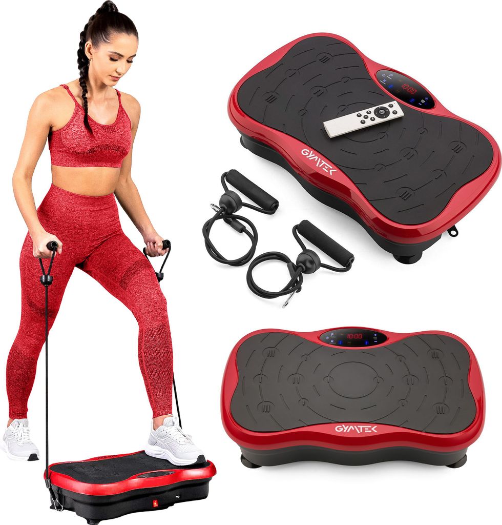 A woman is using a vibration plate with resistance bands, and there are two vibration plates shown separately.