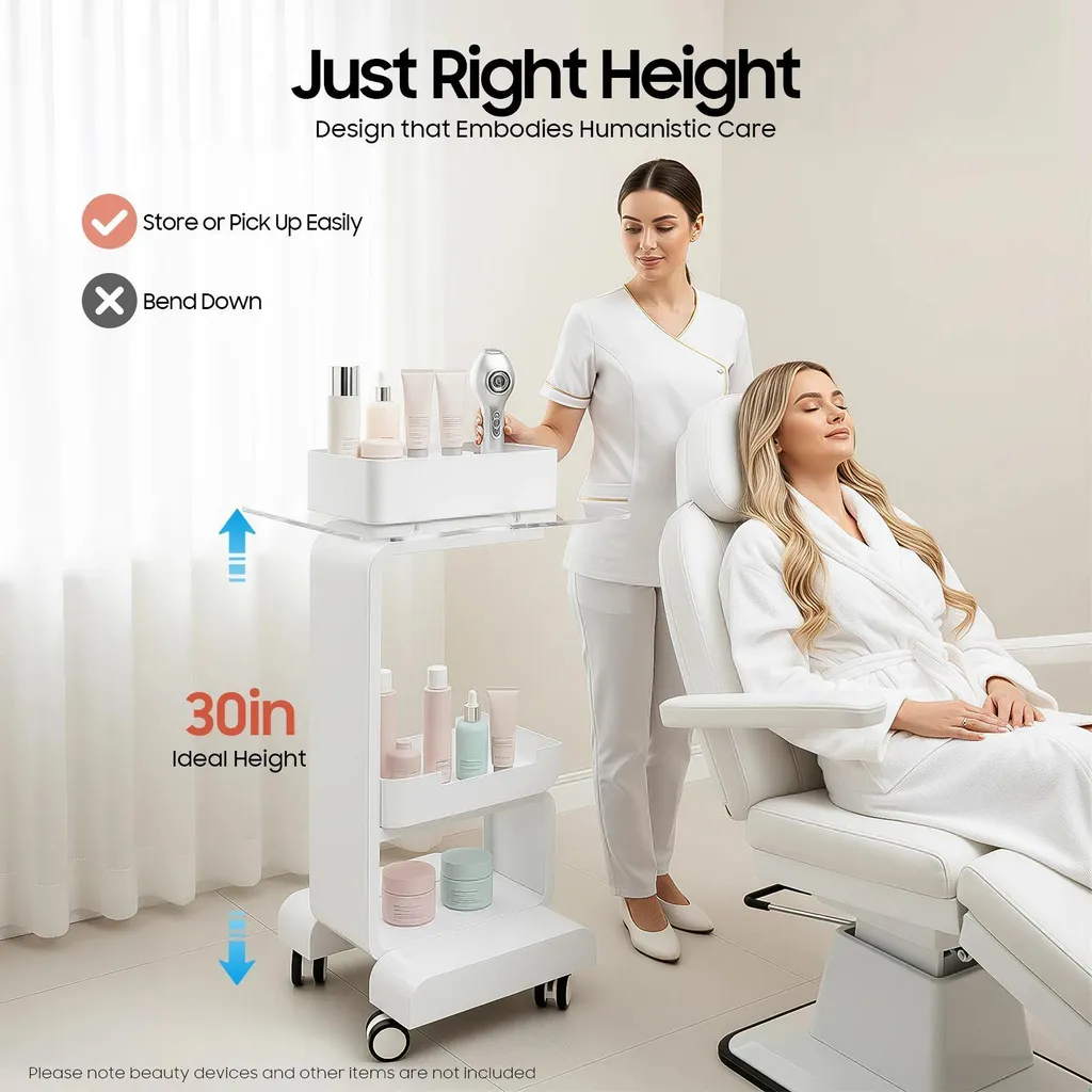 Desserte de coiffure professionnelle blanche avec paniers acryliques