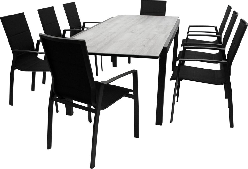 TPFGarden GARTEN-GARNITUR Ashford - 9-teilige Garten-Essgruppe (8x Stapelsessel mit Armlehnen, 1x Ausziehtisch 180/240x100cm), Gestell Aluminium an...