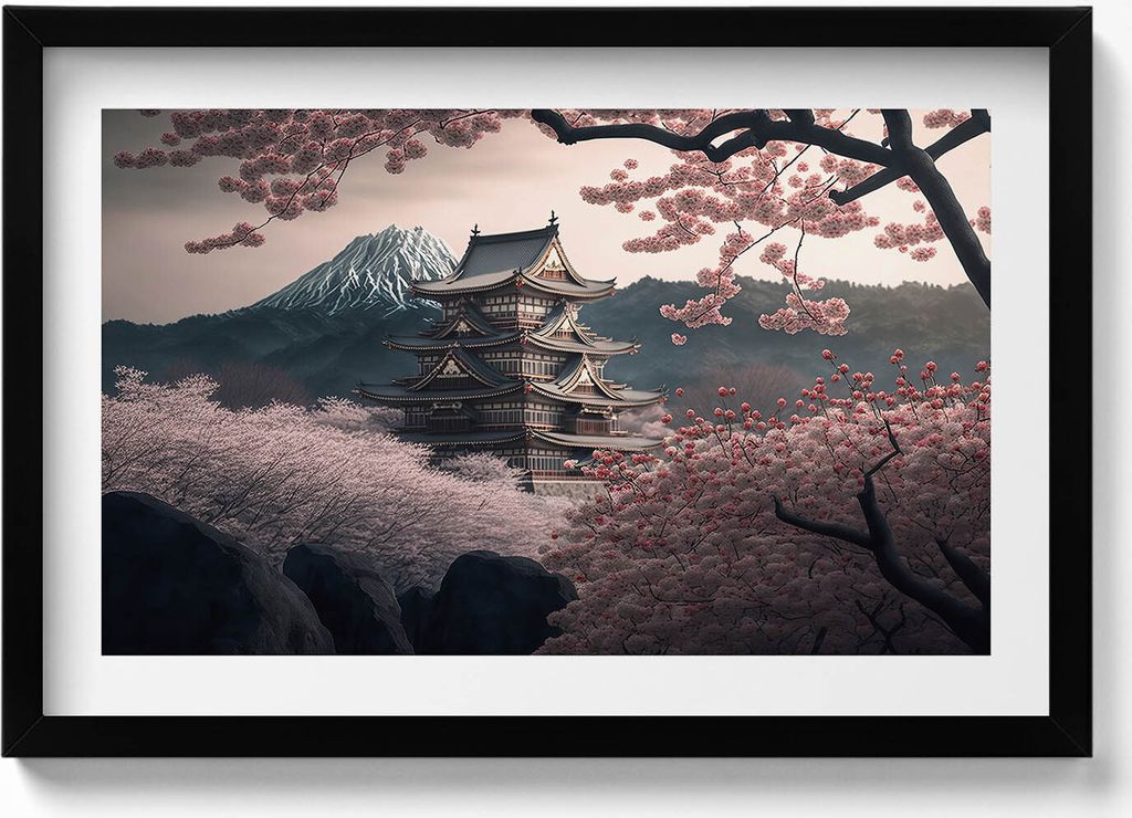 Asiatischer Turm und Kirschblüten– Wandbild mit Rahmen – Gerahmtes Bild – Wanddekoration – 60x40 cm – Schwarz Rahmen