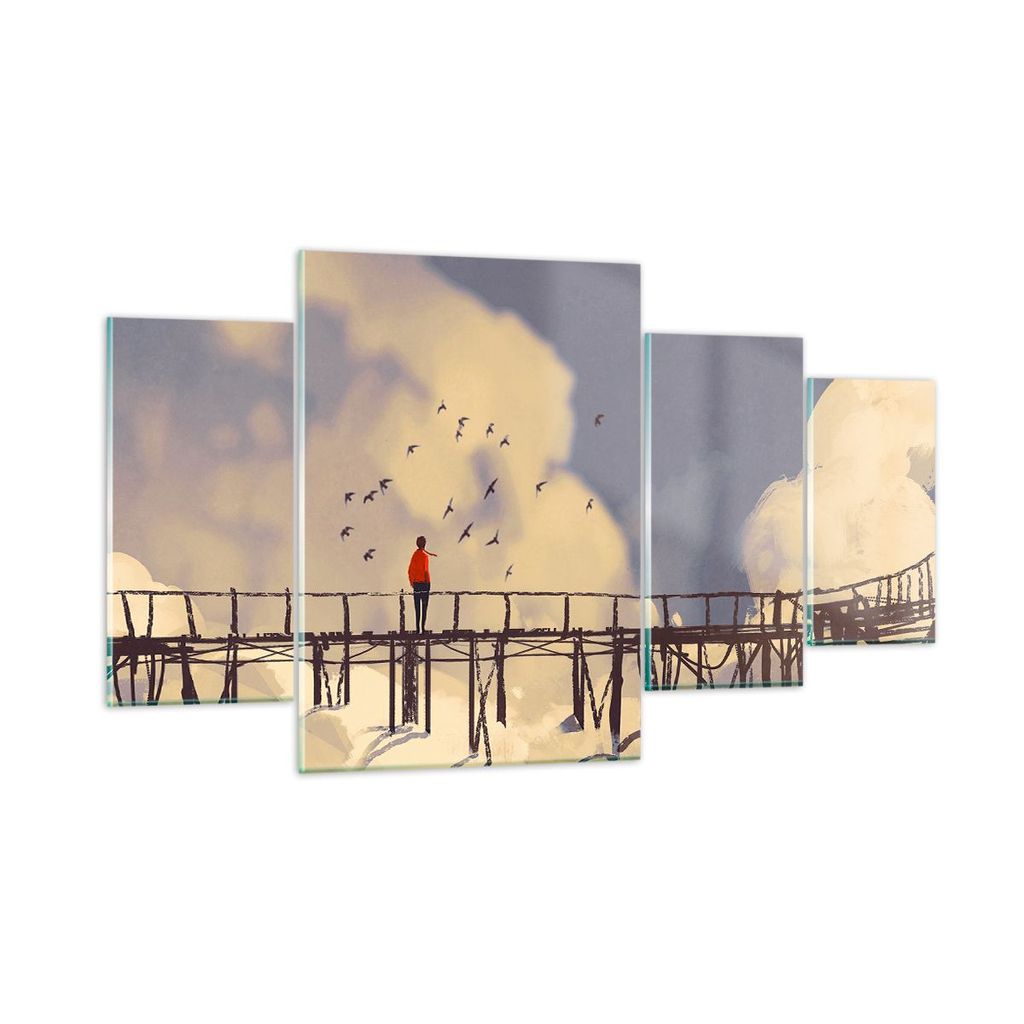 Bilder auf glas - Wolken Brücke Vögel Landschaft - 160x90cm - Glasbilder - Wandbilder - Kunstdruck - zum Aufhängen bereit - Wanddekoration aus G...