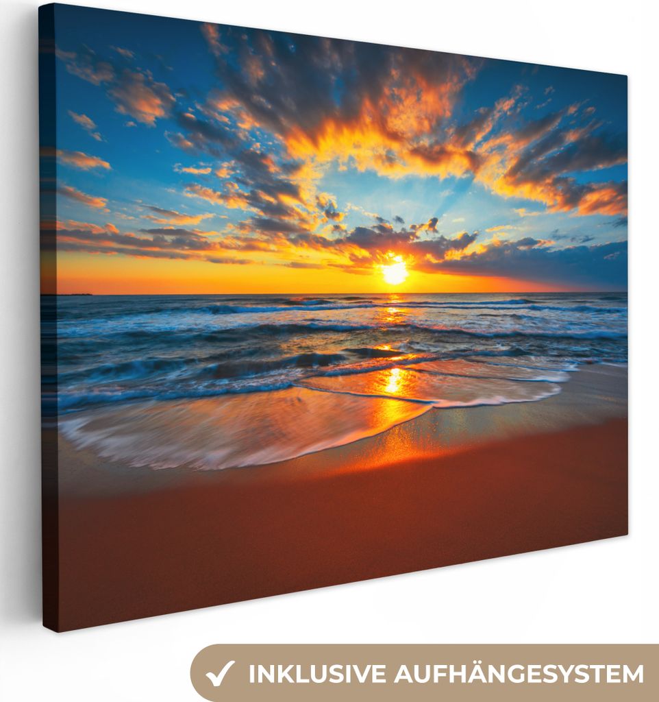 MuchoWow - Leinwandbilder - Meer - Sonnenuntergang - Strand - Wolken - Orange, Wandbild, Wanddeko Bilder Wohnzimmer, 120x90 cm