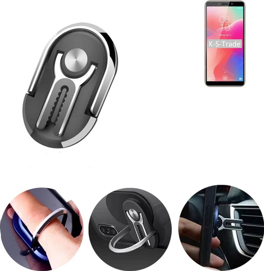 K-S-Trade 3in1 Smartphone-Ring Handy-Ring kompatibel mit HomTom C1 Fingerhalterung Handyring Tischständer Lüftungsgitter-Halterung Tisch Ständer