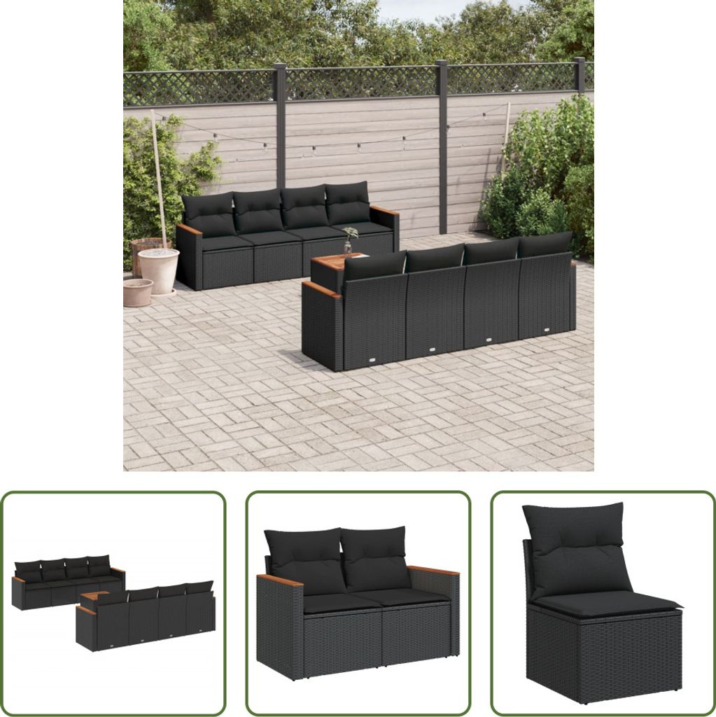 The Living Store 9-tlg. Garten-Sofagarnitur mit Kissen Schwarz Poly Rattan