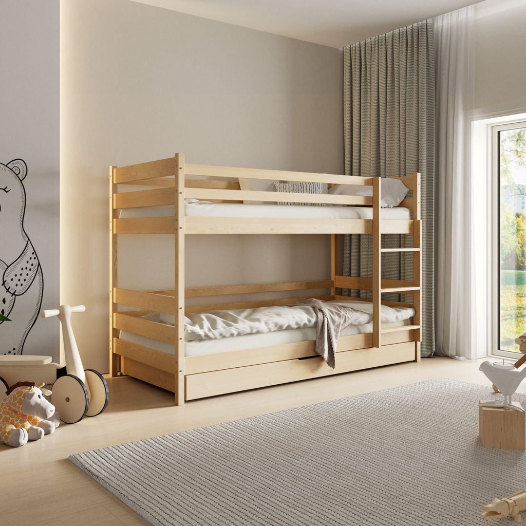 Masseno Etagenbett SIMBA 80x160 cm mit Schublade, Rausfallschutz, Kinderbett mit Leiter für Mädchen und Jungs, Stockbett 2 Kinder, Kiefernholz