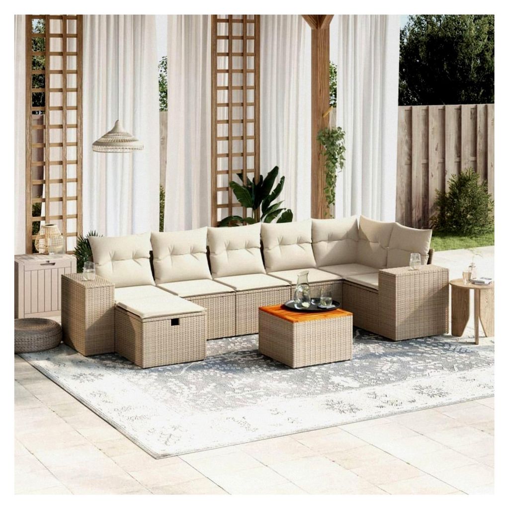 Gartenmöbel-Set mit Kissen, Beige, 8-teilig, PE-Rattan