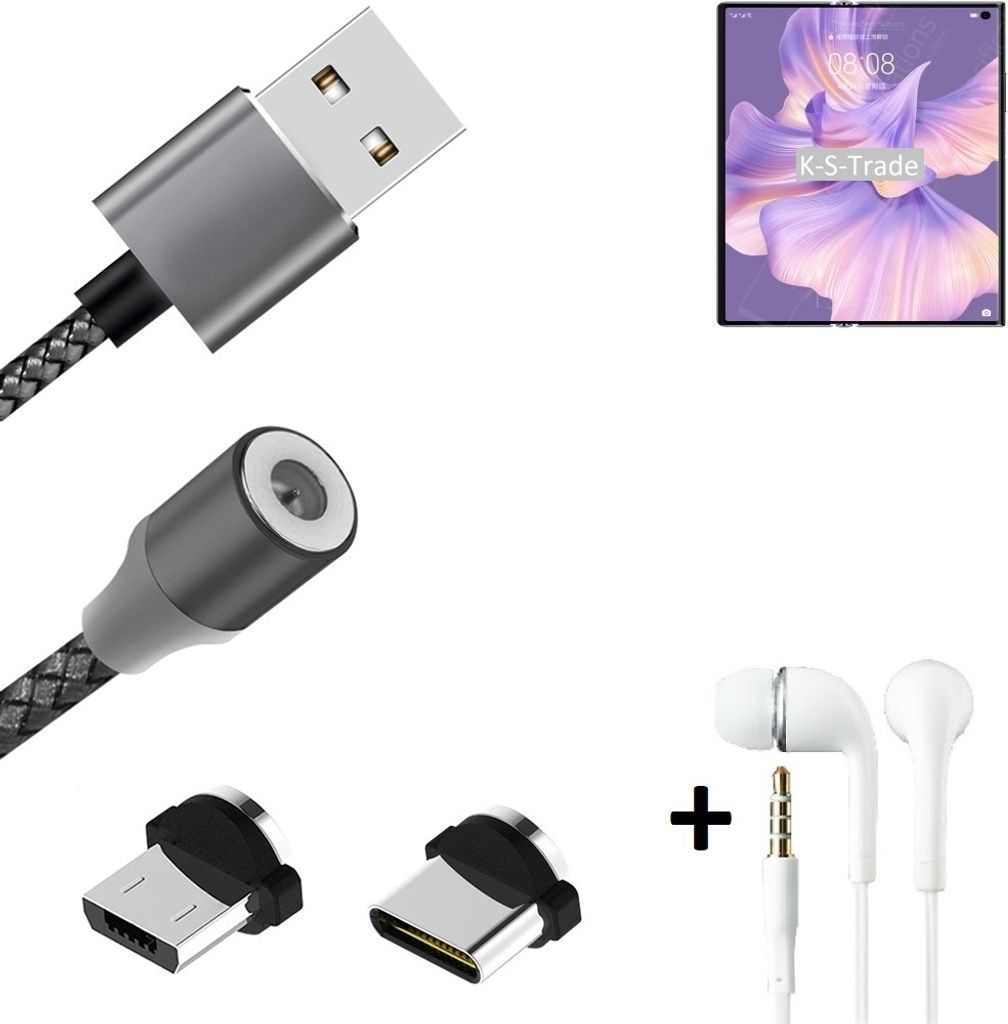 K-S-Trade Hochwertiges Magnet-Lade-kabel Sync-Kabel Daten-Kabel + Kopfhörer kompatibel mit Huawei Mate Xs 2 mit USB-Typ-C-Anschluss und