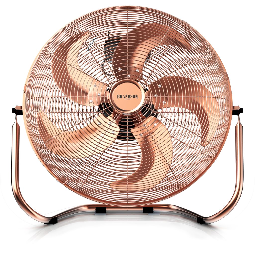 A copper-colored floor fan with a retro design is shown against a white background.