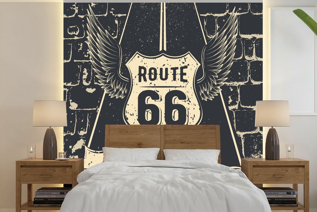MuchoWow Fototapete für Wohnzimmer oder Schlafzimmer Wandtapete Vinyl Motivtapete Route 66 - Vintage - Schwarz - Weiß - 300x300 cm - Wanddekora...