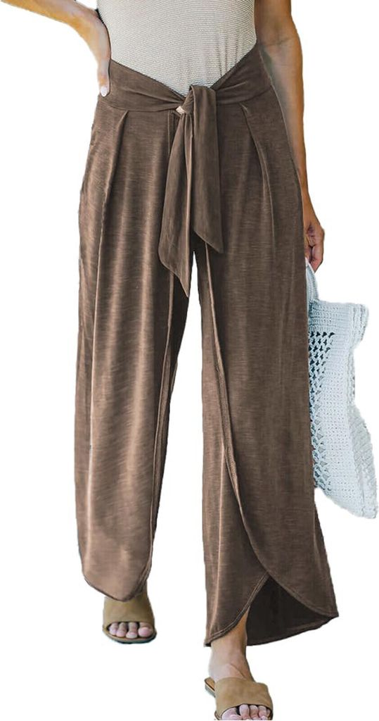ASKSA Damen Weite Hosen Breite Beinschlitz Palazzo Hose Strandhose Sport Freizeithose mit Guertel, Kaffee, Groesse: M