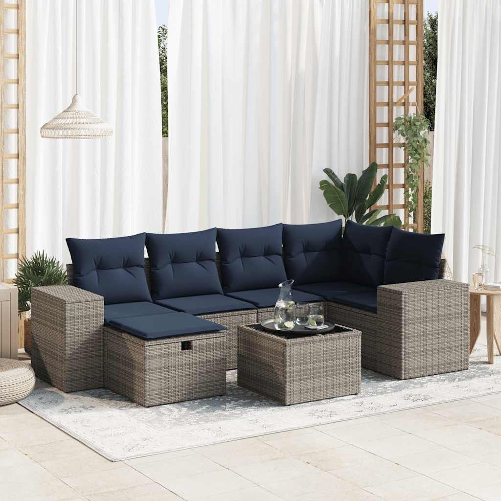 Möbel 7-tlg. Garten-Sofagarnitur mit Kissen Grau Poly Rattan - Gartenmöbelgarnituren 3325697