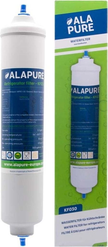 A product image of a refrigerator water filter and its packaging.