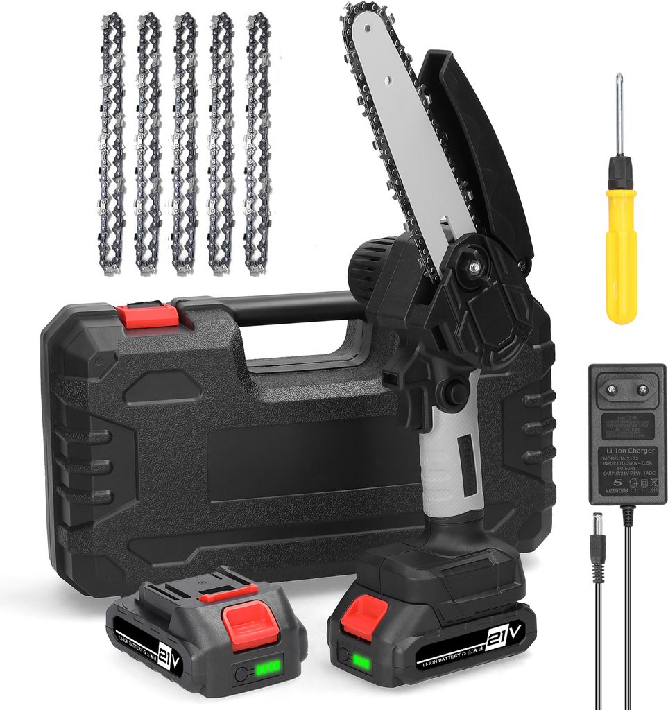 A collection of items for a mini chainsaw kit, including the chainsaw, batteries, chains, a charger, a screwdriver, and a storage case, arranged on a white background.