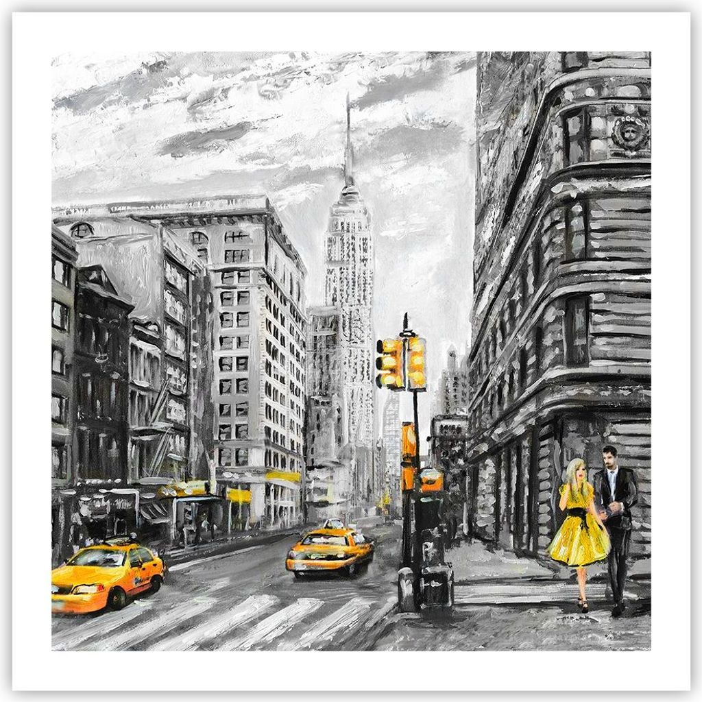 Poster - Poster ohne Rahmen - Stadt Taxi Wolkenkratzer Illustration - 60x60 cm - Wand Bild - Wanddeko - Wandbilder - Kunstposter - Wandposter - Bil...