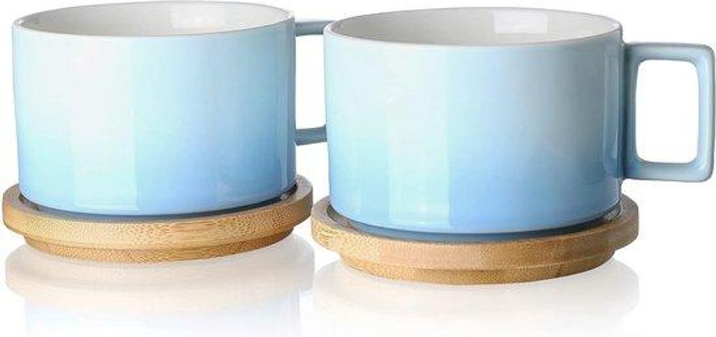 Himmelblaues Porzellan-Cappuccino-Set mit Holz-Unterlage, 310ml Zahnweiß-Tasse.
