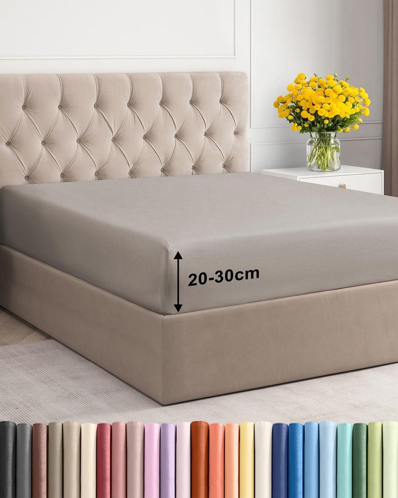Spannbettlaken 200 x 200 cm, hellgrau – Extra tiefes Spannbettlaken für Matratzen und Lattenroste bis 30 cm Höhe – Mikrofaser – Weich gebü...
