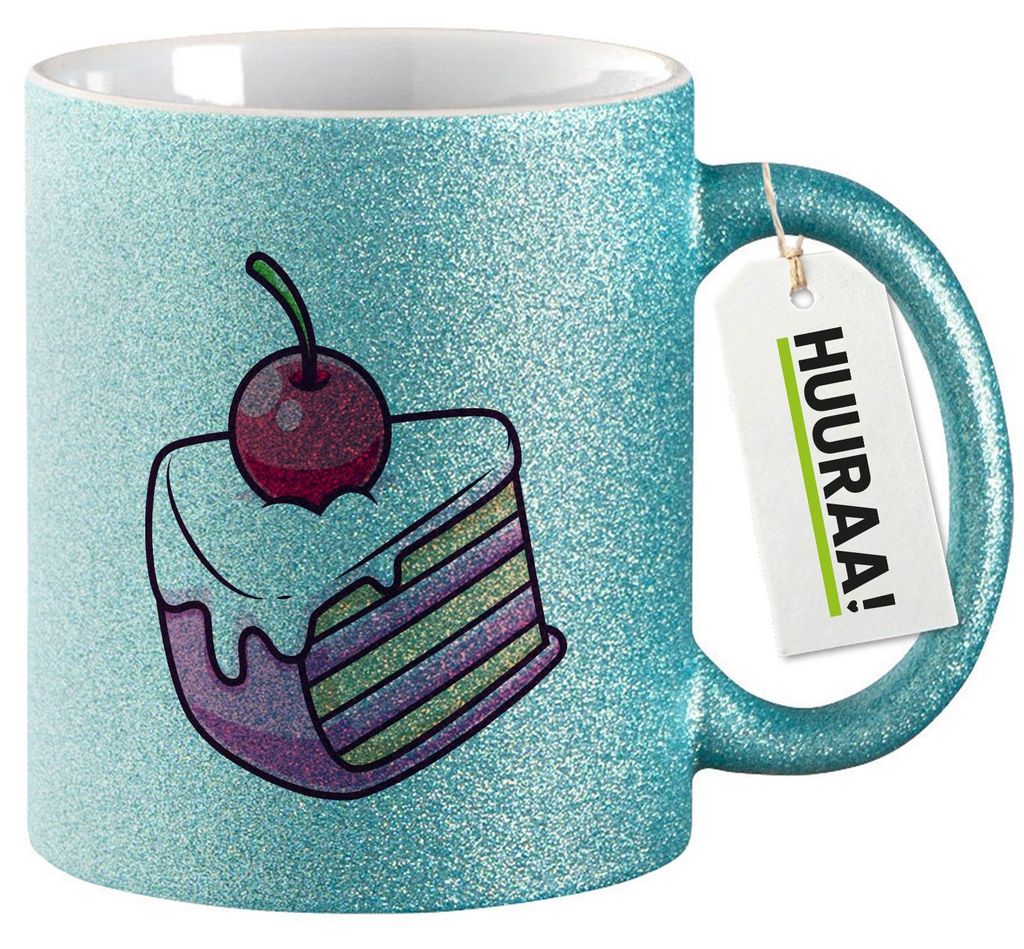 Huuraa Glitzertasse Kuchen Torte 330ml Blau Keramik Kaffeebecher Geschenkidee