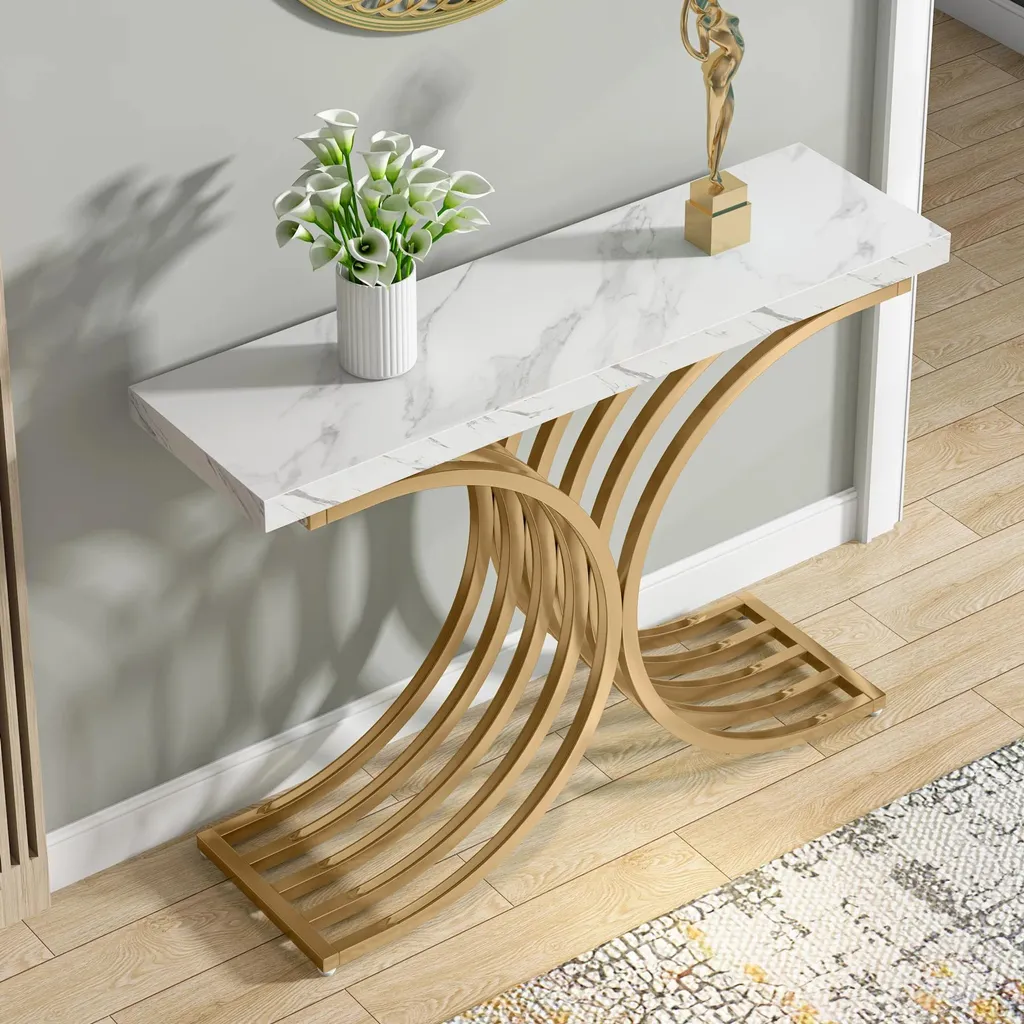 Table d'entrée design géométrique or et marbre blanc 100x30x80 cm