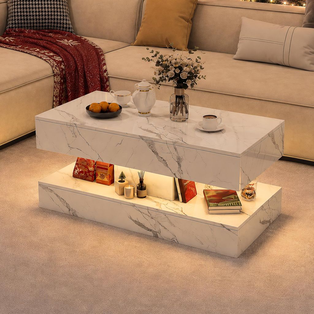 UnboxG Couchtisch 100x50 cm in Marmoroptik mit LED, 2 Produktbild 