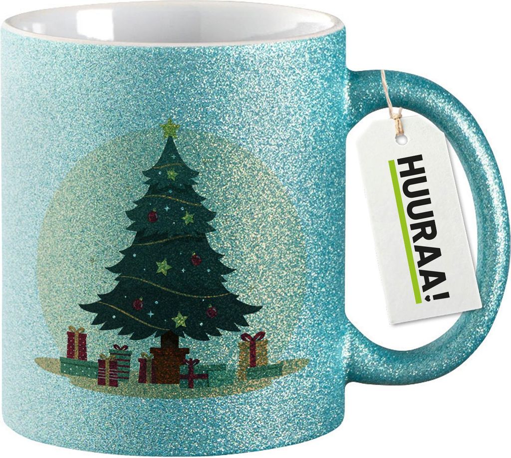 Huuraa Glitzertasse Weihnachtsbaum Tannenbaum 330ml Blau Keramik Kaffeebecher Geschenkidee