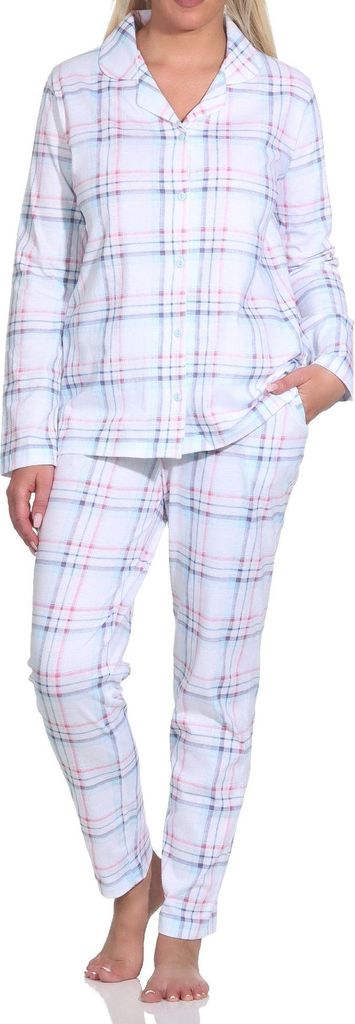Normann Damen Pyjama aus Single Jersey zum durchknöpfen in Karo Optik - auch in Übergrössen ; hellblau , 60