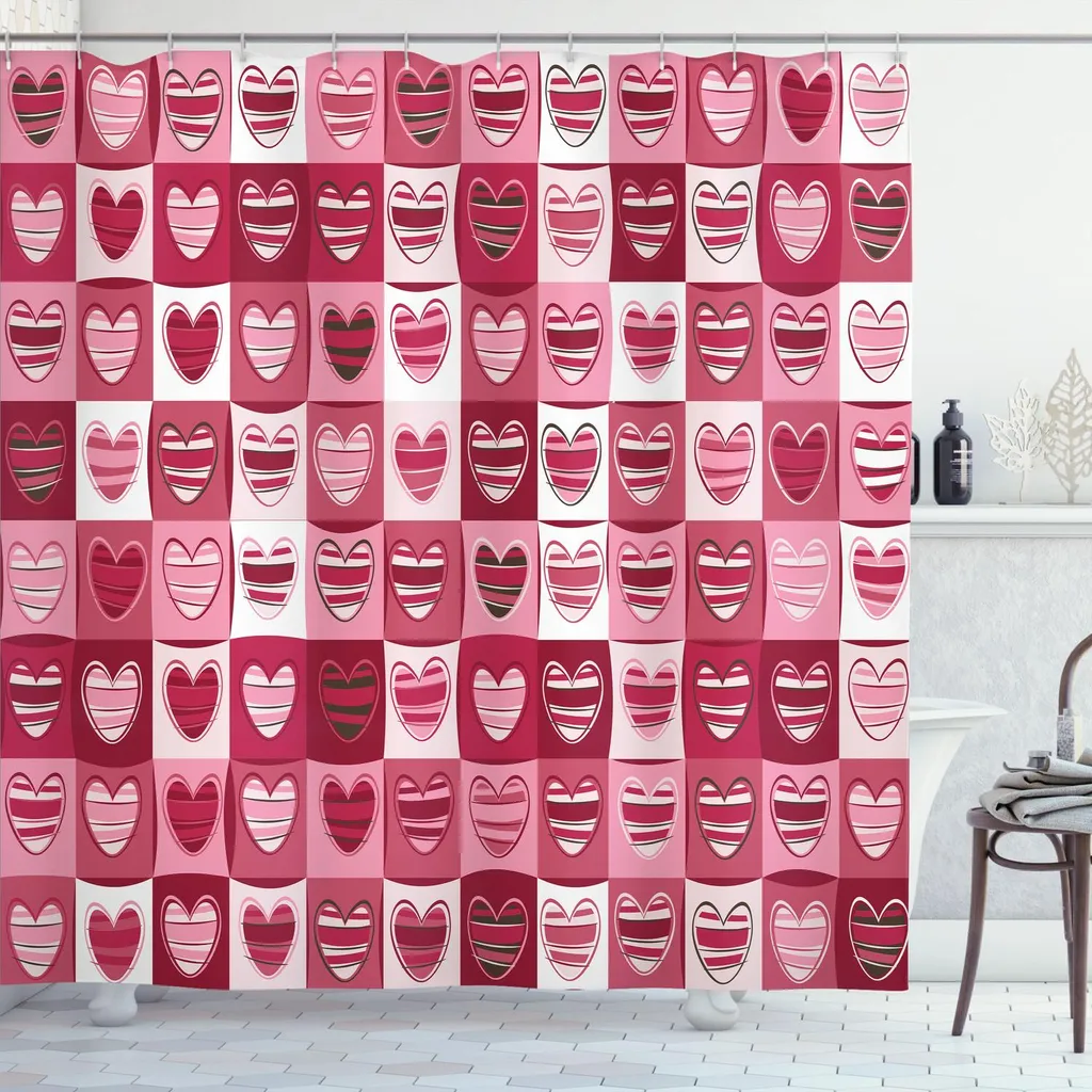 ABAKUHAUS Amore Tenda da doccia, Cuori Per San Valentino Motivo geometrico artistico a quadrati, 175 x 240 cm, Rosa secca Bianca