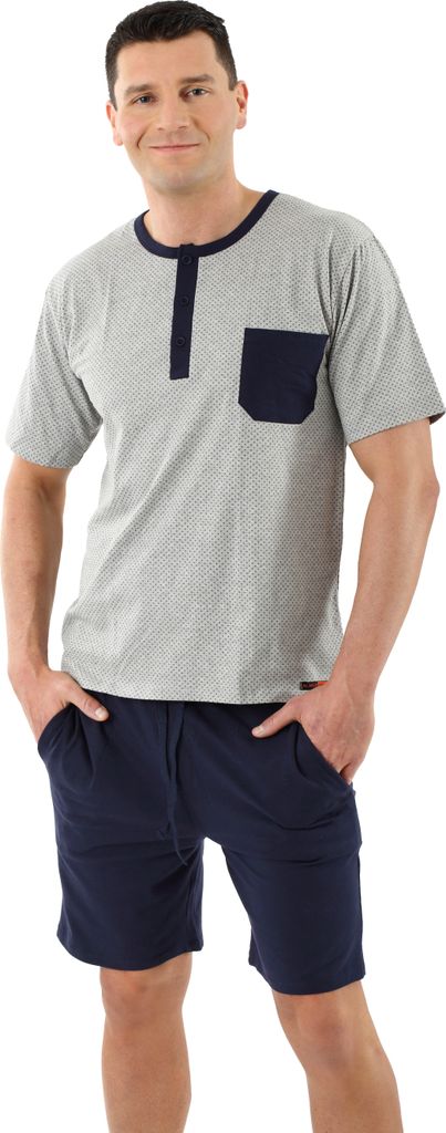 ALBERT KREUZ Herren Schlafanzug Kurzarm mit kurzen Hosen Stretch-Baumwolle, Marine - Grau gemustert, 04/S