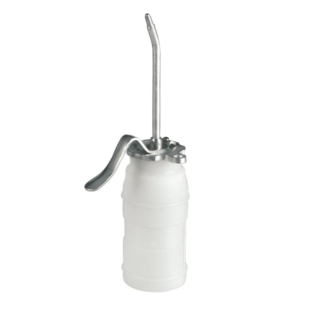 A white oil can with a silver spout and handle is shown against a white background.