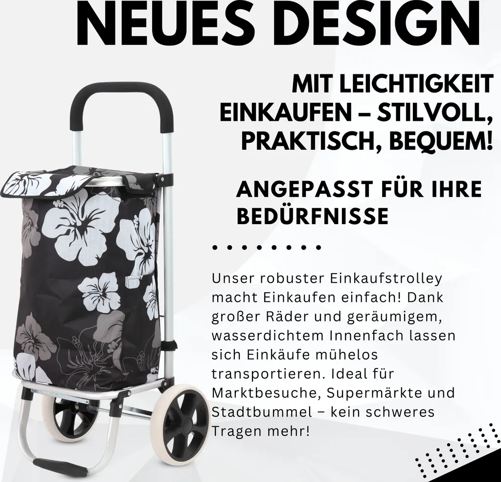 Caddie de courses noir à motif fleurs élégant avec sac imperméable 40L - 3