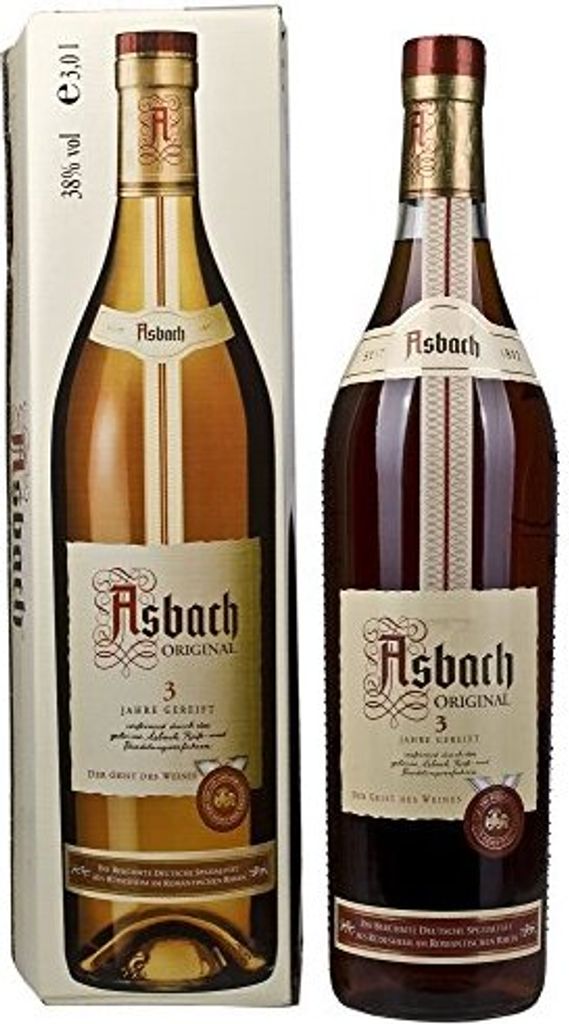 A bottle of Asbach Uralt brandy and its gift box.