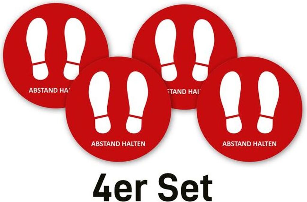 4 x Fußbodenaufkleber / Aufkleber ' Schuhabdruck Abstand halten ' rot rund 40 cm Antirutsch-Laminat für Innenbereich rutschhemmend