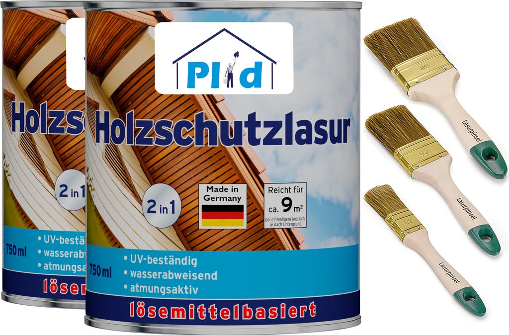 Plid Holzlasur 1,5l Teak für ca. 16m² + Lasurpinselset 3-tlg. / Holzschutzlasur